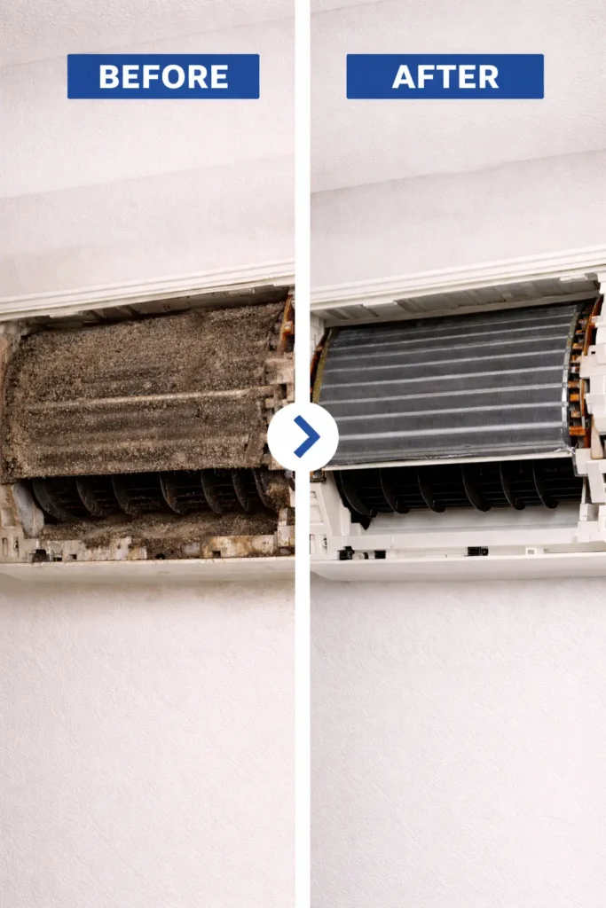AC unit cleaning before and after