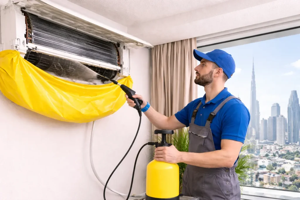 HVAC technician cleaning AC in Dubai